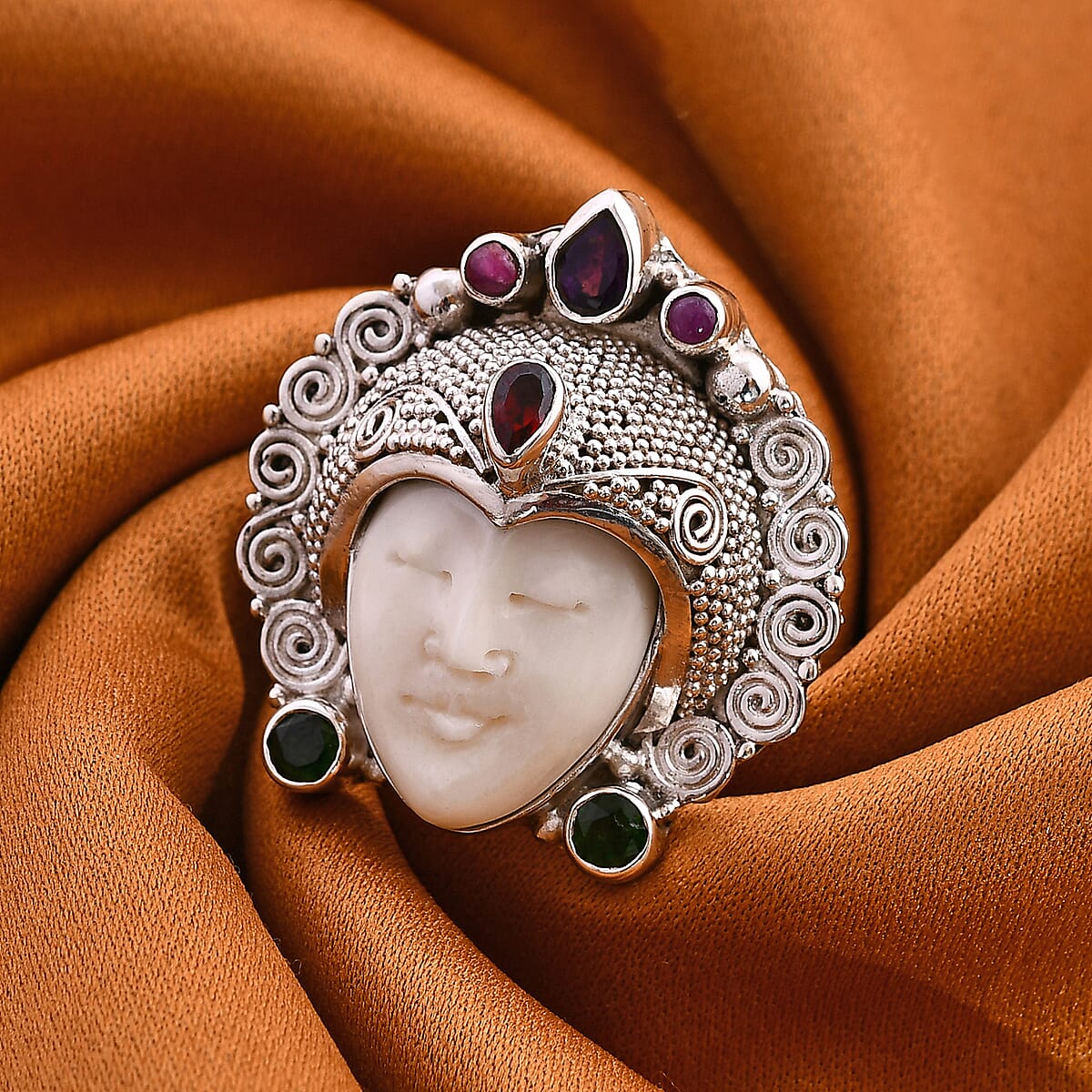 Sajen Silver Carved Bone and Multi Gemstone 1.65 ctw Ring in Sterling Silver (Size 8.0) image number 1
