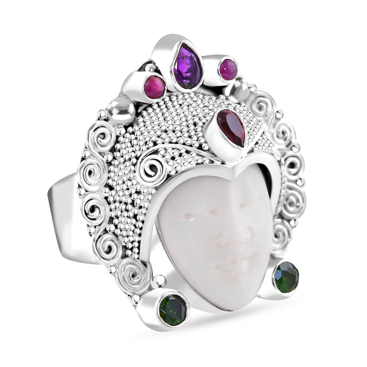 Sajen Silver Carved Bone and Multi Gemstone 1.65 ctw Ring in Sterling Silver (Size 9.0) image number 0