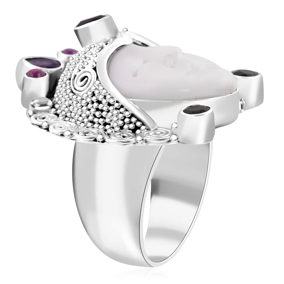 Sajen Silver Carved Bone and Multi Gemstone 1.65 ctw Ring in Sterling Silver (Size 9.0) image number 3