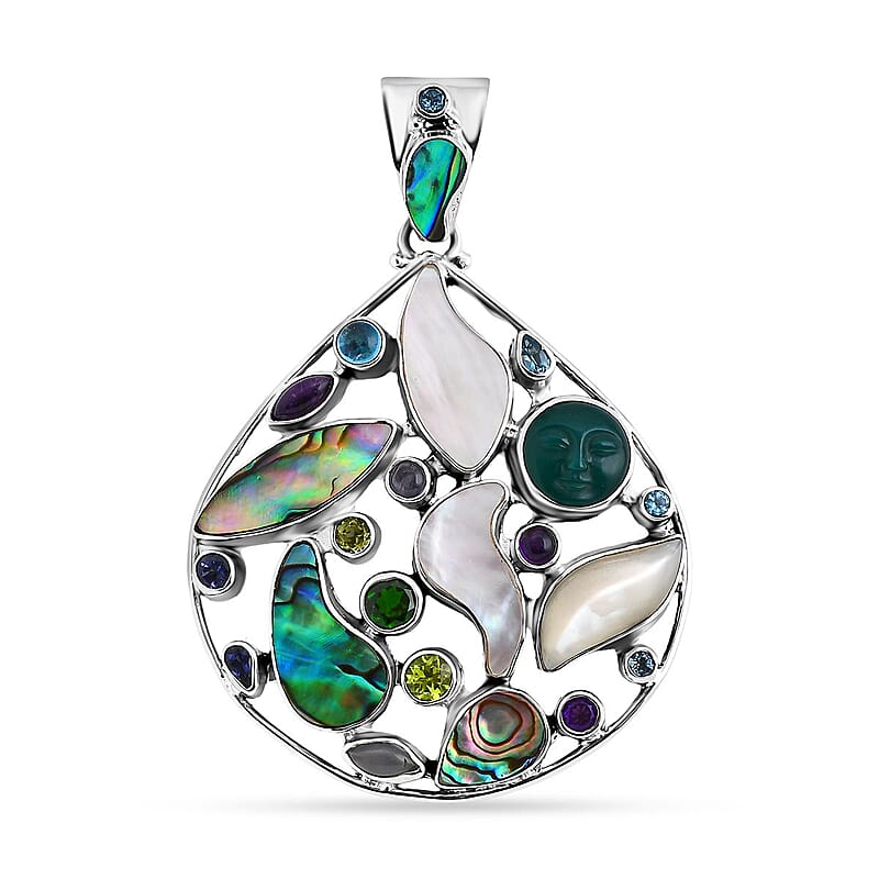Sajen Silver Abalone Shell and Multi Gemstone 9.50 ctw Pendant without Chain in Sterling Silver
