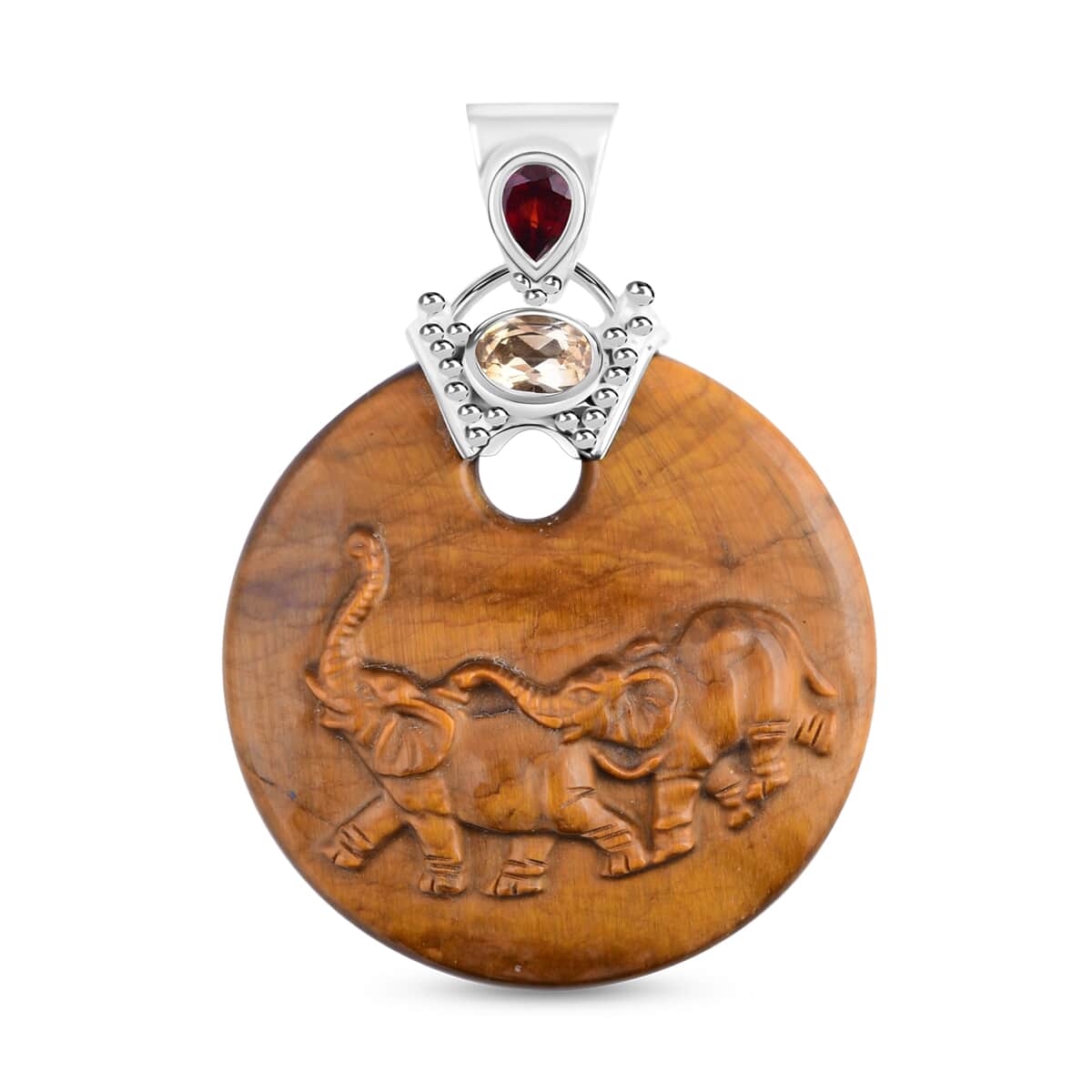 Sajen Silver Tiger Eye Carved and Multi Gemstone 70.50 ctw Elephant Pendant in Sterling Silver image number 0