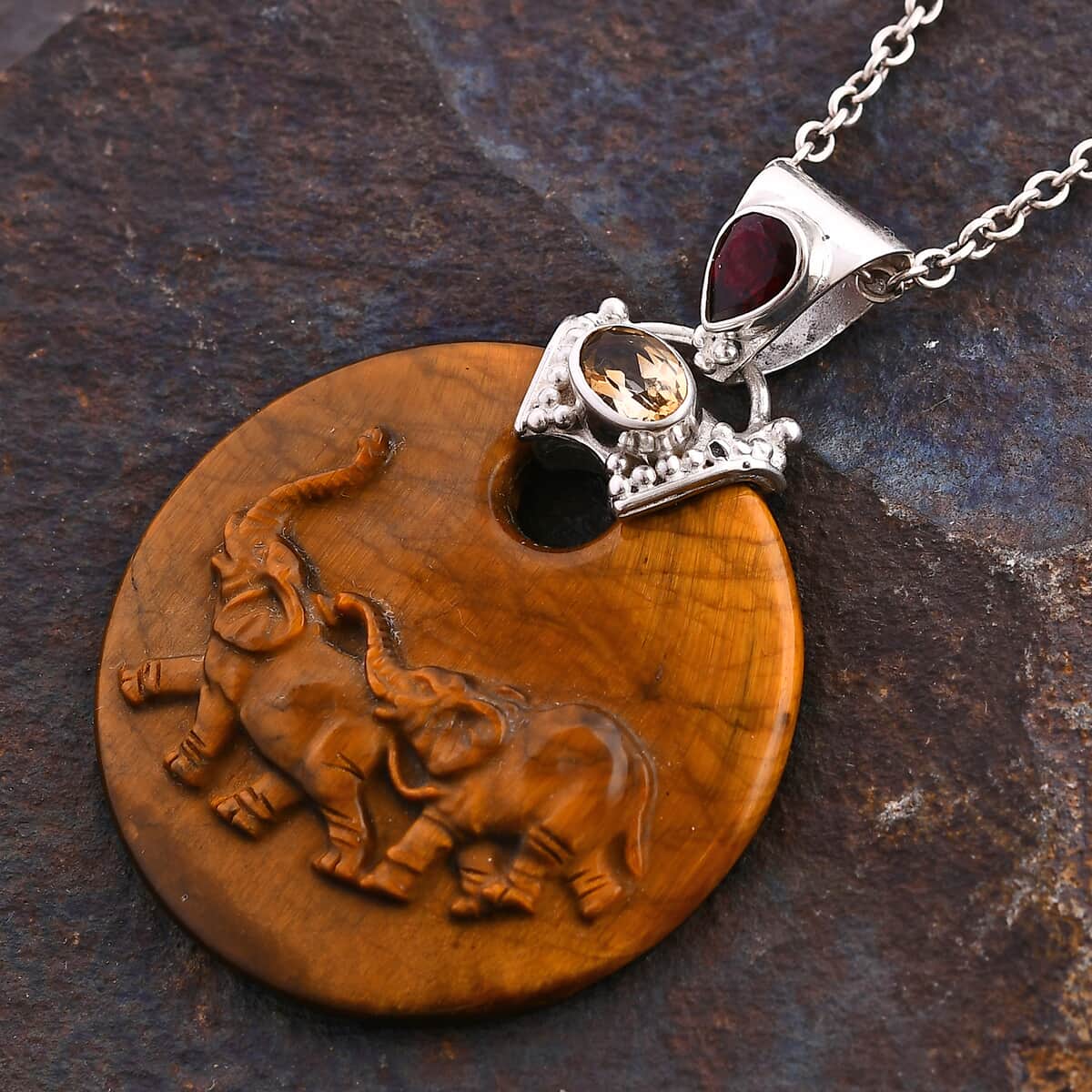 Sajen Silver Tiger Eye Carved and Multi Gemstone 70.50 ctw Elephant Pendant in Sterling Silver image number 1