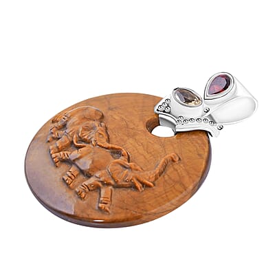Sajen Silver Tiger Eye Carved and Multi Gemstone 70.50 ctw Elephant Pendant without Chain in Sterling Silver