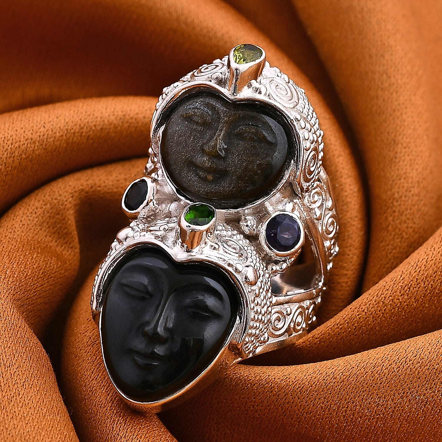 Sajen Silver Rainbow and Golden Obsidian, Multi Gemstone 12.80 ctw Ring in Sterling Silver (Size 10.0)