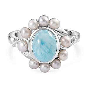 Natural Green Larimar and Fresh Water Pearl 4.16 ctw Ring in Rhodium Over Sterling Silver (Size 8.0)
