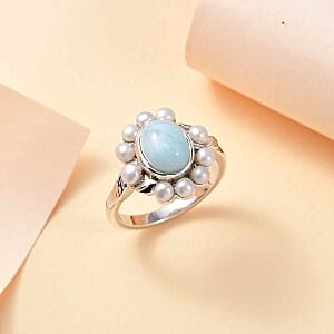 Natural Green Larimar and Fresh Water Pearl 4.16 ctw Ring in Rhodium Over Sterling Silver (Size 8.0)