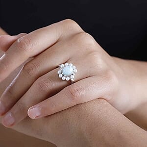 Natural Green Larimar and Fresh Water Pearl 4.16 ctw Ring in Rhodium Over Sterling Silver (Size 8.0)