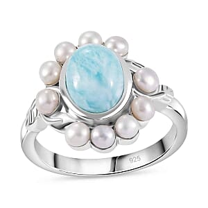 Natural Green Larimar and Fresh Water Pearl 4.16 ctw Ring in Rhodium Over Sterling Silver (Size 8.0)