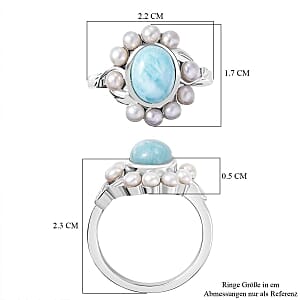 Natural Green Larimar and Fresh Water Pearl 4.16 ctw Ring in Rhodium Over Sterling Silver (Size 8.0)