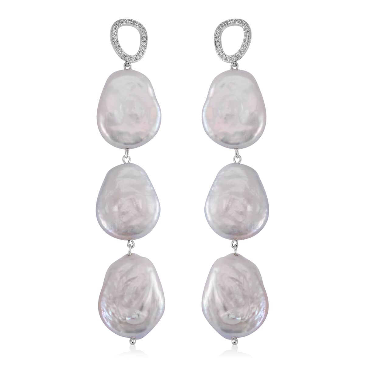 White Keshi Pearl and White Zircon 1.00 ctw Earrings in Rhodium Over Sterling Silver image number 0