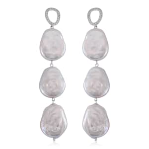 White Keshi Pearl and White Zircon 1.00 ctw Earrings in Rhodium Over Sterling Silver