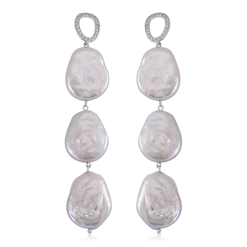 White Keshi Pearl and White Zircon 1.00 ctw Earrings in Rhodium Over Sterling Silver