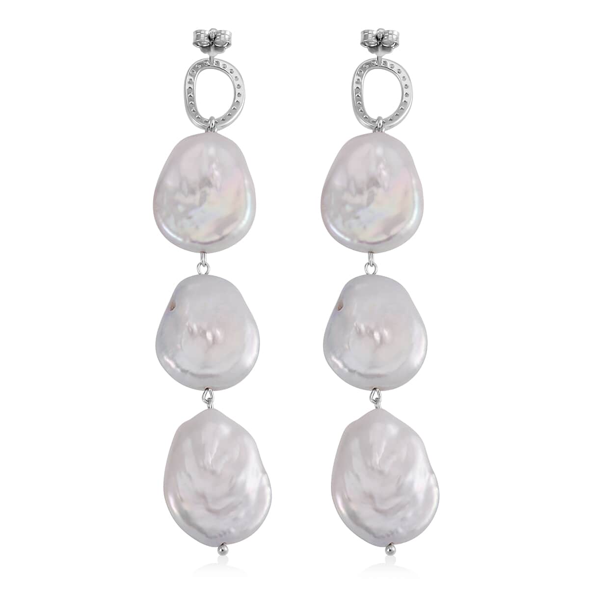 White Keshi Pearl and White Zircon 1.00 ctw Earrings in Rhodium Over Sterling Silver image number 3