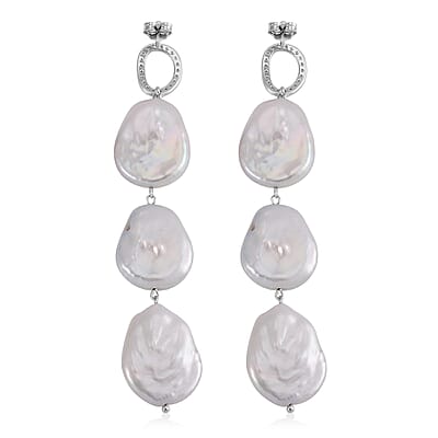 White Keshi Pearl and White Zircon 1.00 ctw Earrings in Rhodium Over Sterling Silver