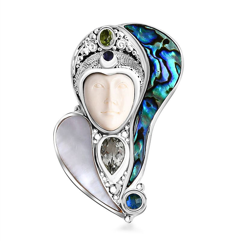 Sajen Silver Carved Bone and Multi Gemstone 5.35 ctw Pendant without Chain in Sterling Silver