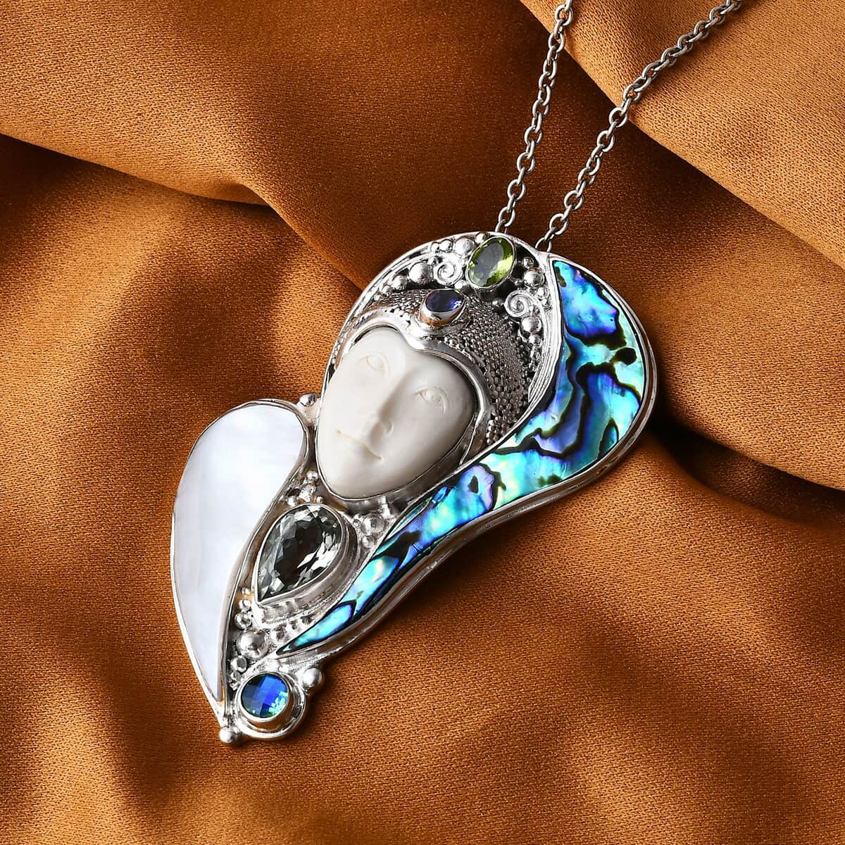 Sajen Silver Carved Bone and Multi Gemstone 5.35 ctw Pendant in Sterling Silver image number 1