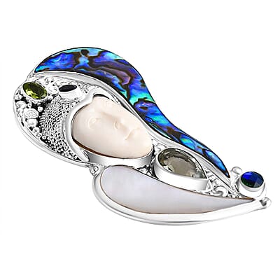 Sajen Silver Carved Bone and Multi Gemstone 5.35 ctw Pendant without Chain in Sterling Silver