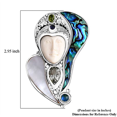 Sajen Silver Carved Bone and Multi Gemstone 5.35 ctw Pendant without Chain in Sterling Silver
