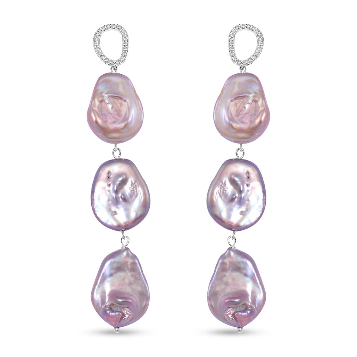 Multi Keshi Pearl and White Zircon 1.00 ctw Earrings in Rhodium Over Sterling Silver image number 0