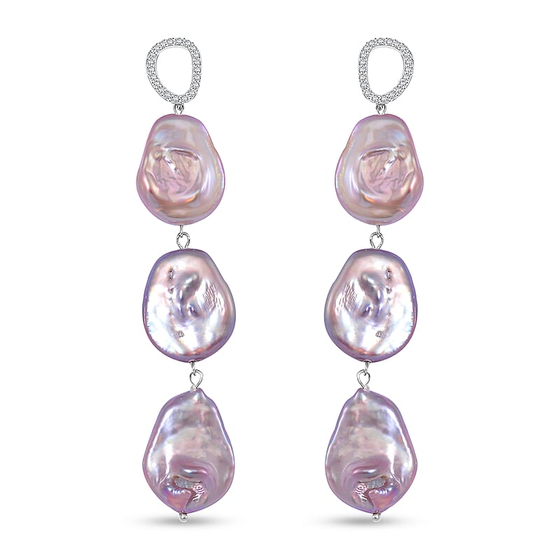 Multi Keshi Pearl and White Zircon 1.00 ctw Earrings in Rhodium Over Sterling Silver