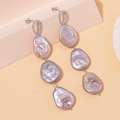 Multi Keshi Pearl and White Zircon 1.00 ctw Earrings in Rhodium Over Sterling Silver