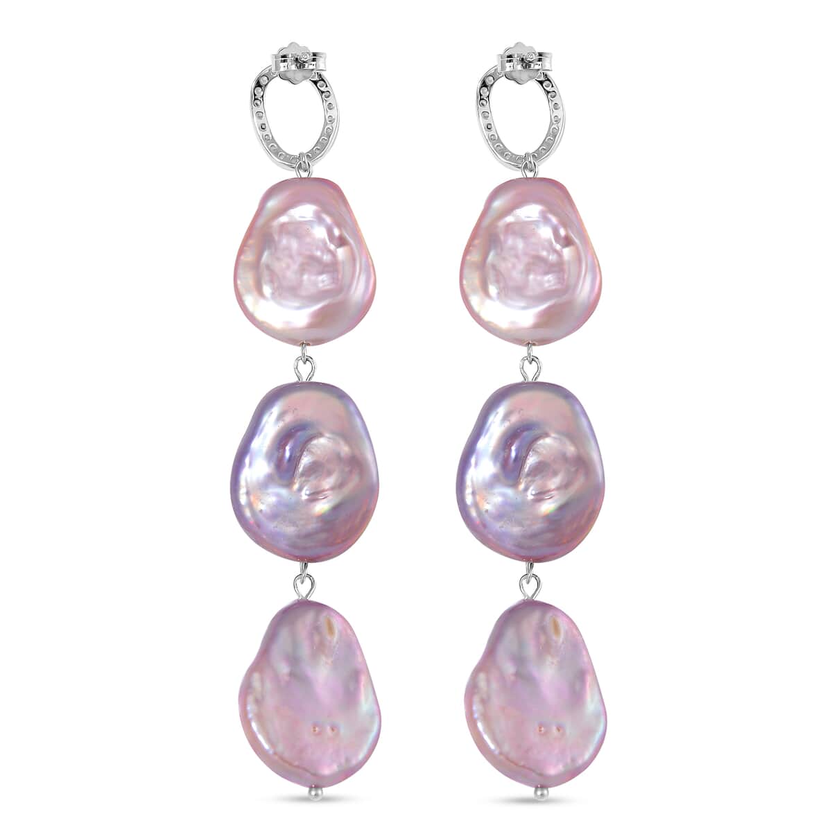 Multi Keshi Pearl and White Zircon 1.00 ctw Earrings in Rhodium Over Sterling Silver image number 3