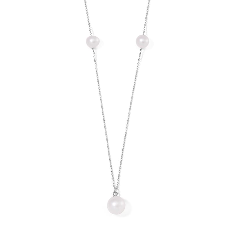 White Edison Pearl Station Necklace in Rhodium Over Sterling Silver 20 Inches