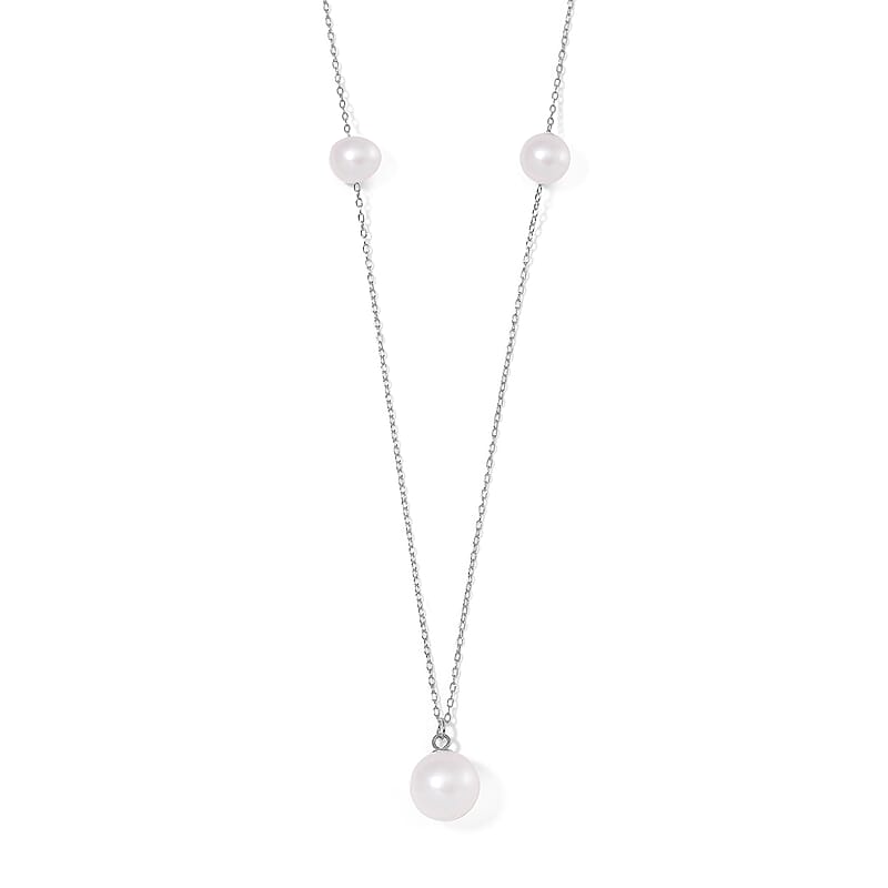 White Edison Pearl Station Necklace in Rhodium Over Sterling Silver 20 Inches