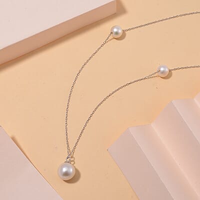 White Edison Pearl Station Necklace in Rhodium Over Sterling Silver 20 Inches