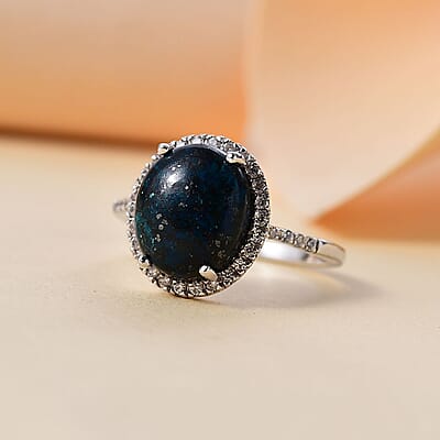 Premium Table Mountain Shadowkite and White Zircon 5.60 ctw Halo Ring in Rhodium Over Sterling Silver (Size 10.0)