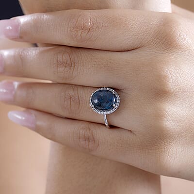 Premium Table Mountain Shadowkite and White Zircon 5.60 ctw Halo Ring in Rhodium Over Sterling Silver (Size 10.0)