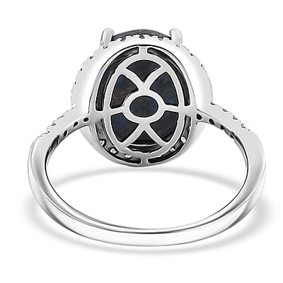 Premium Table Mountain Shadowkite and White Zircon 5.60 ctw Halo Ring in Rhodium Over Sterling Silver (Size 10.0)