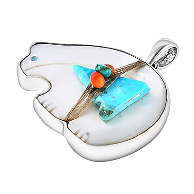 Sajen Silver Mother Of Pearl and Multi Gemstone Bear Pendant without Chain in Sterling Silver