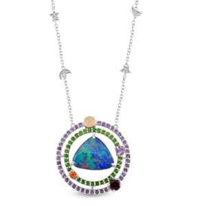 AAA Boulder Opal Doublet and Multi Gemstone 5.75 ctw Celestial Tides Necklace in Rhodium Over Sterling Silver 18 Inches