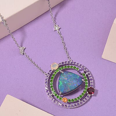 AAA Boulder Opal Doublet and Multi Gemstone 5.75 ctw Celestial Tides Necklace in Rhodium Over Sterling Silver 18 Inches