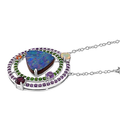 AAA Boulder Opal Doublet and Multi Gemstone 5.75 ctw Celestial Tides Necklace in Rhodium Over Sterling Silver 18 Inches