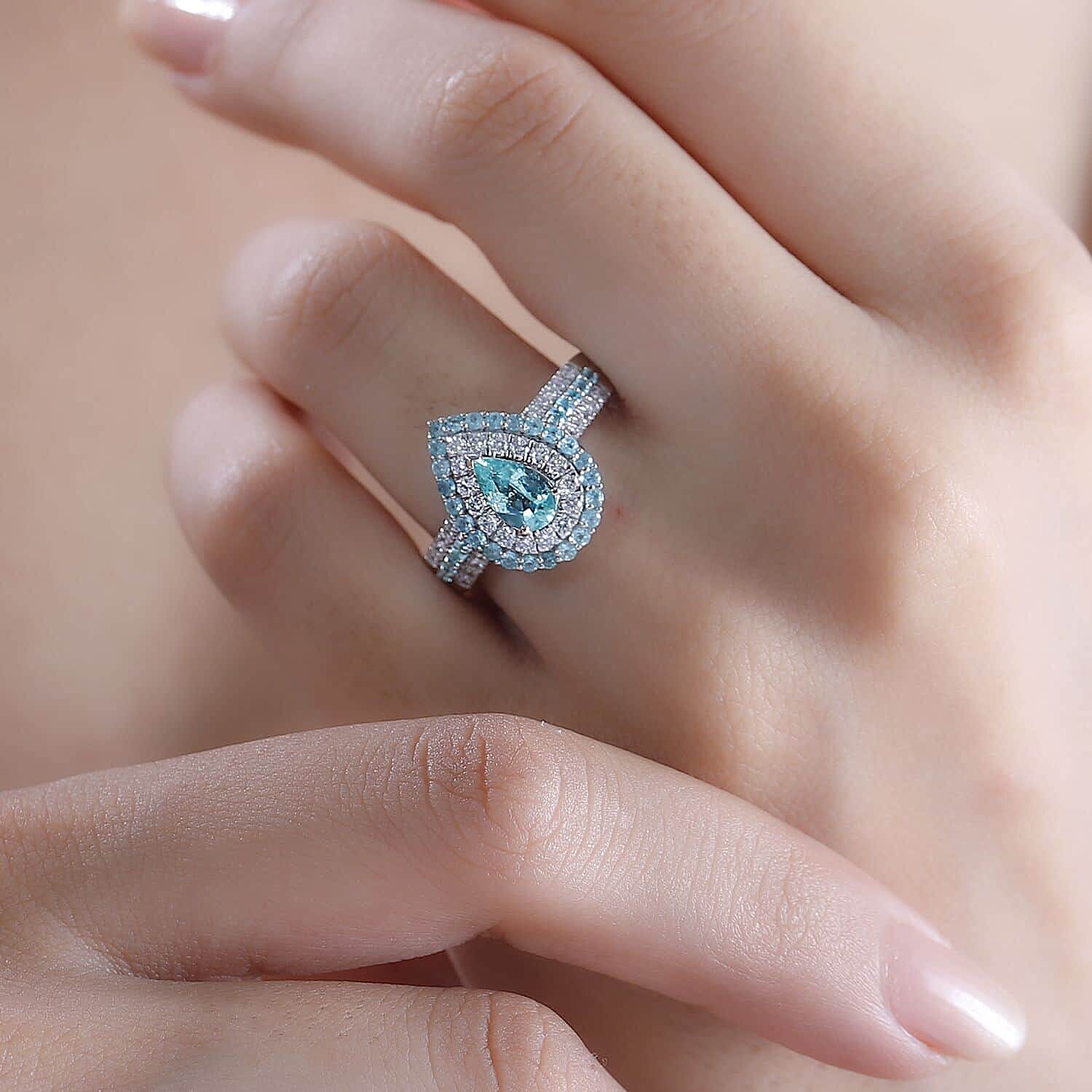 Rhapsody AAAA Paraiba Tourmaline and E-F VS Diamond 2.07 ctw Ring in 950 Platinum (Size 13.0) 7.90 Grams