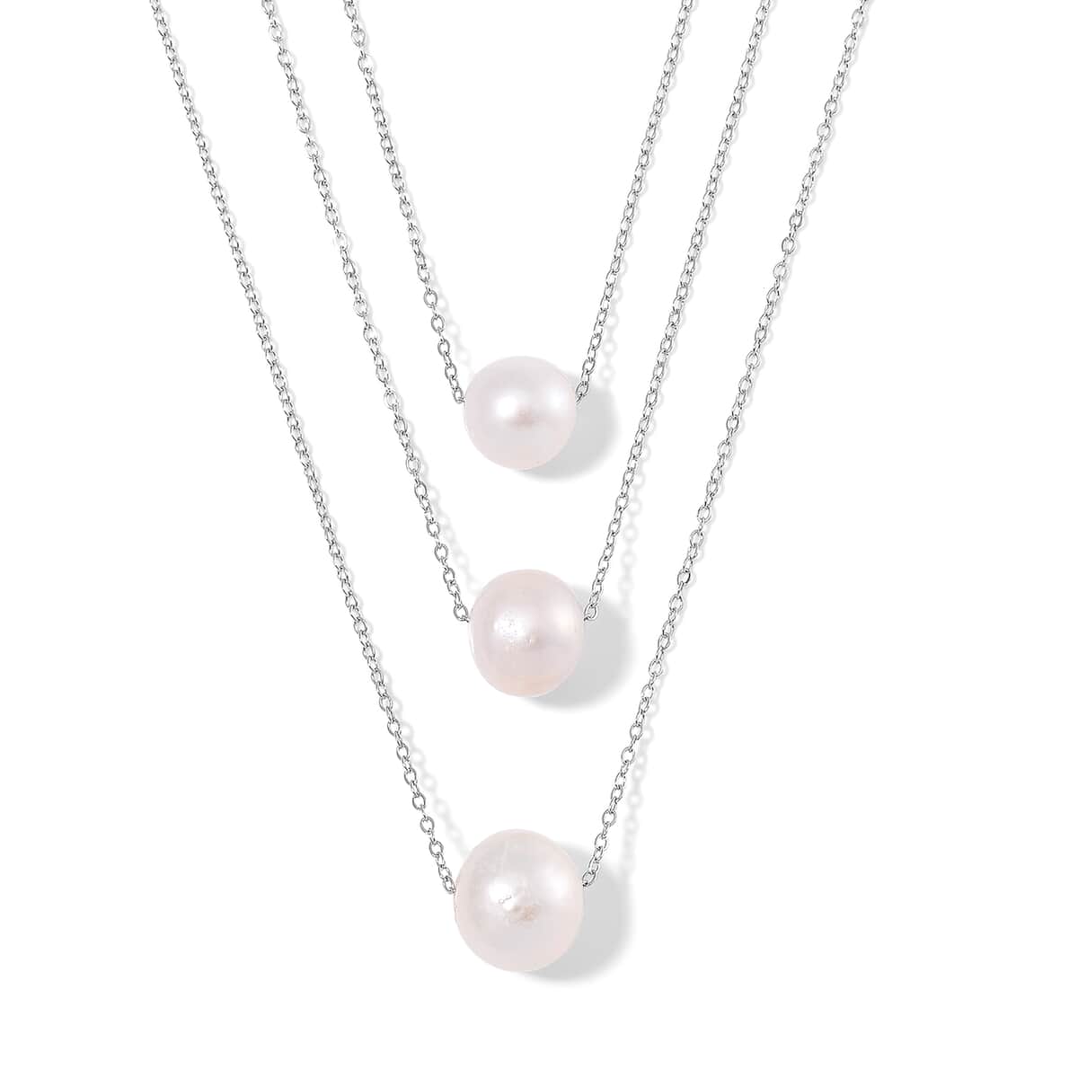 White Edison Pearl 3-Row Layered Necklace in Stainless Steel 18-20 Inches image number 0