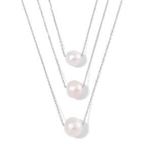 White Edison Pearl 3-Row Layered Necklace in Stainless Steel 18-20 Inches