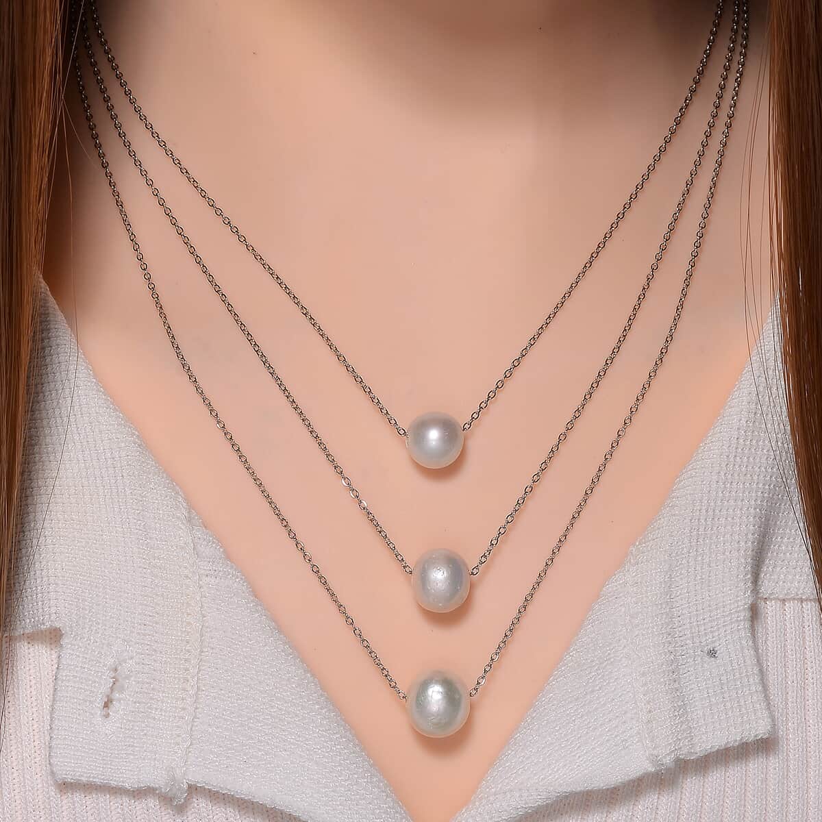 White Edison Pearl 3-Row Layered Necklace in Stainless Steel 18-20 Inches image number 1