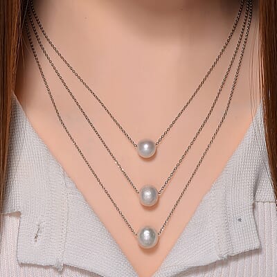 White Edison Pearl 3-Row Layered Necklace in Stainless Steel 18-20 Inches