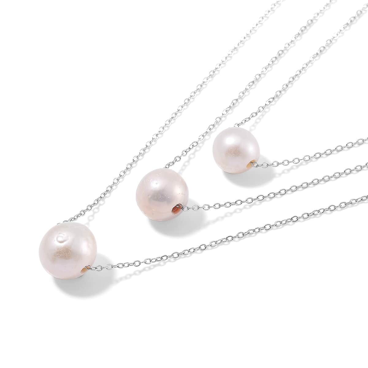 White Edison Pearl 3-Row Layered Necklace in Stainless Steel 18-20 Inches image number 2