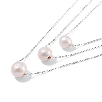 White Edison Pearl 3-Row Layered Necklace in Stainless Steel 18-20 Inches