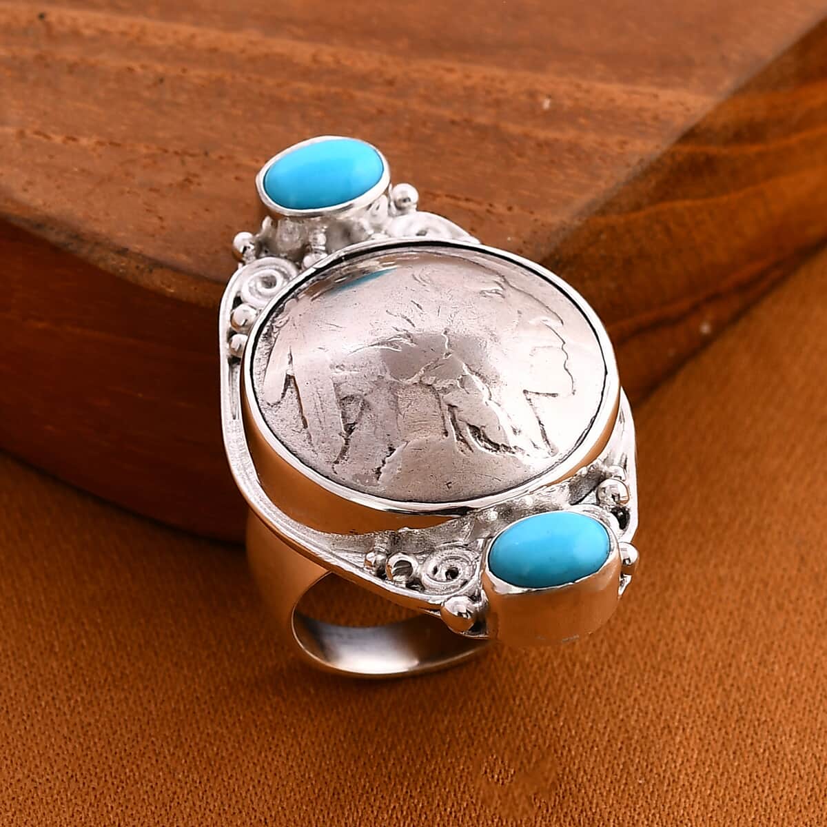 Sajen Silver Sleeping Beauty Turquoise and Buffalo Nickel Ring in Sterling Silver (Size 10.0) 1.20 ctw image number 1