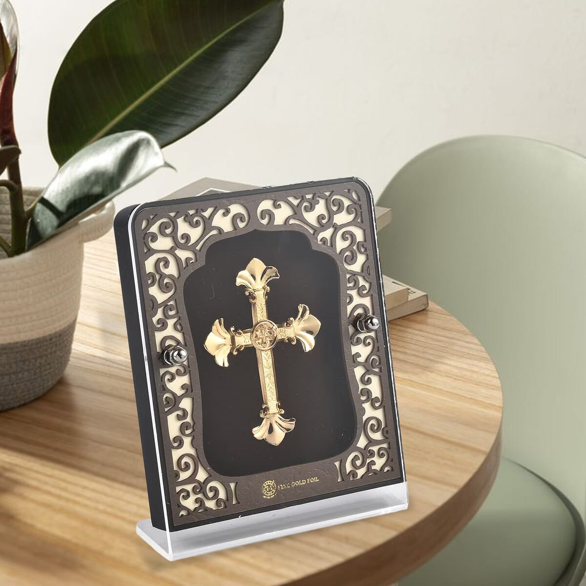 24K Yellow Gold Foil Cross Exhibit Wall Decor Frame image number 1