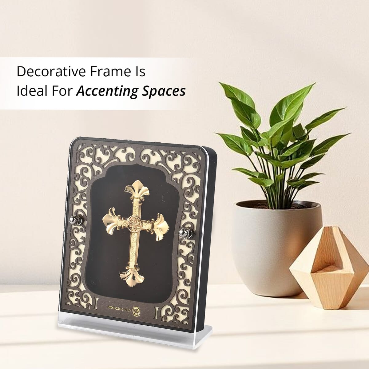 24K Yellow Gold Foil Cross Exhibit Wall Decor Frame image number 3