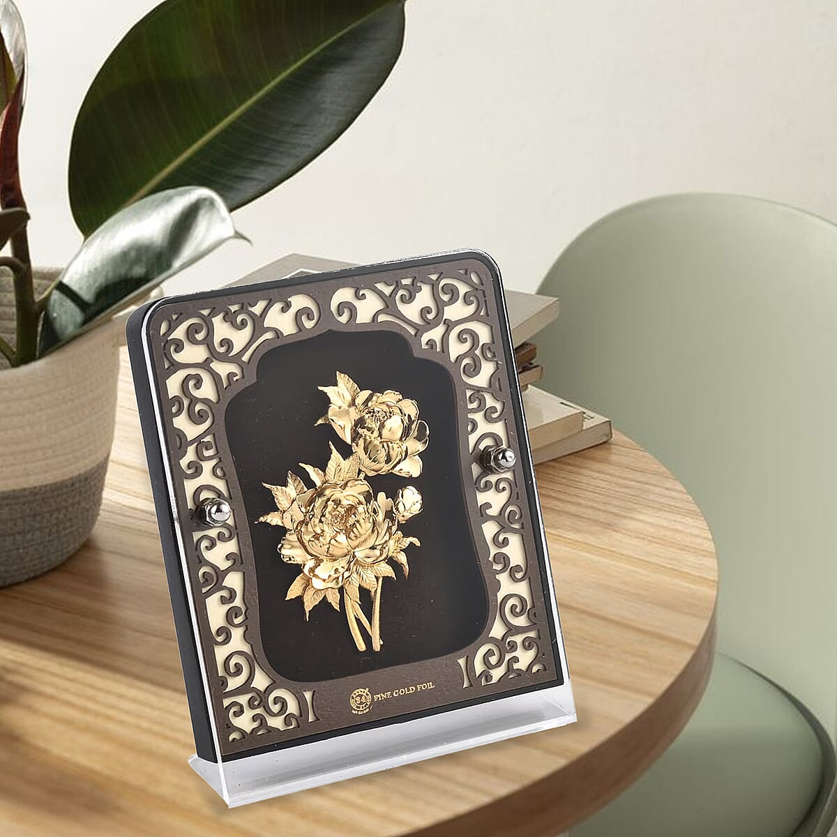 24K Yellow Gold Foil Rose Flower Exhibit Wall Decor Frame image number 1
