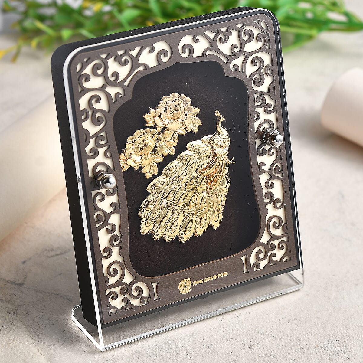 24K Yellow Gold Foil Peacock Exhibit Wall Decor Frame image number 1