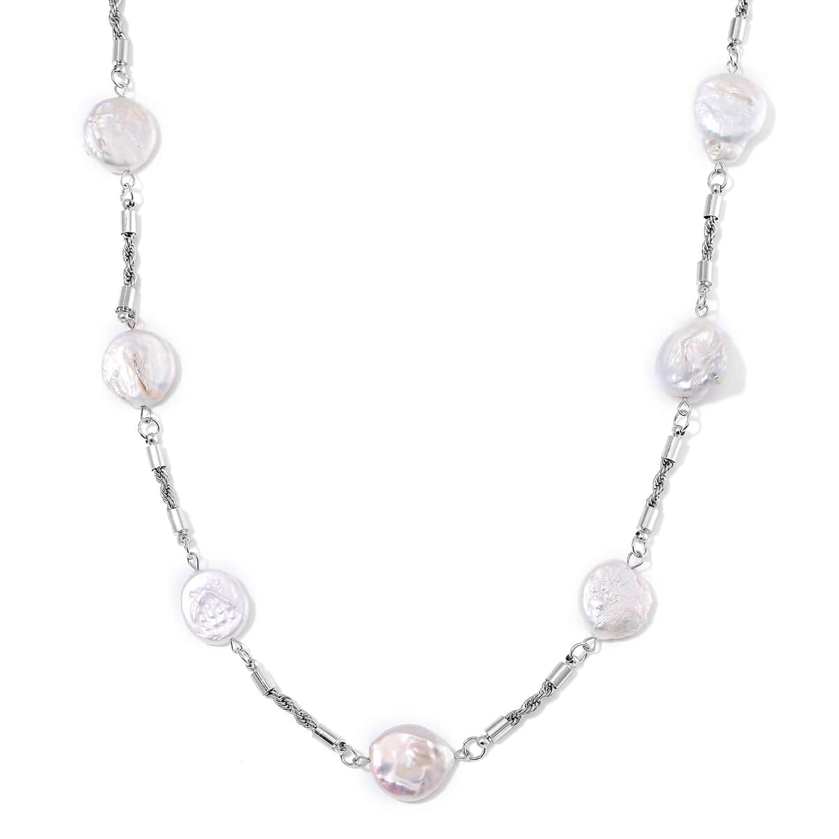 White Keshi Pearl Paper Clip Necklace in Stainless Steel 18-20 Inches image number 0