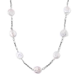 White Keshi Pearl Paper Clip Necklace in Stainless Steel 18-20 Inches